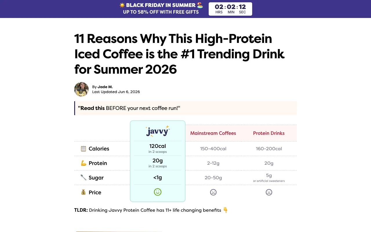 The top of a Javvy listicle landing page — a 'Black Friday in Summer' countdown bar, the headline '11 Reasons Why This High-Protein Iced Coffee is the #1 Trending Drink for Summer 2026,' a 'By Jade M.' byline, a 'Read this BEFORE your next coffee run!' callout, and a nutrition comparison table