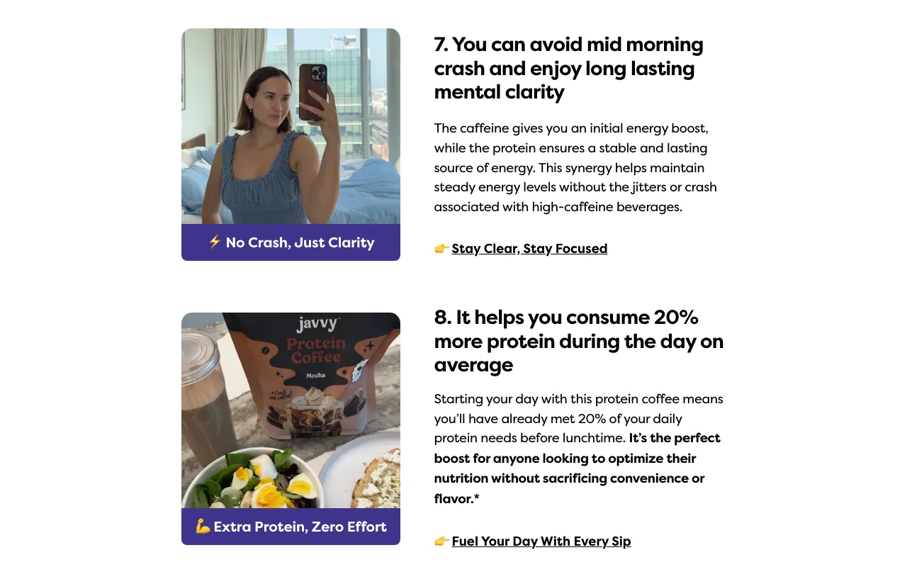 Two Javvy reasons stacked — reason seven, 'avoid mid morning crash… mental clarity,' ending in a 'Stay Clear, Stay Focused' call to action, and reason eight, '20% more protein,' ending in 'Fuel Your Day With Every Sip' — each with its own benefit tag