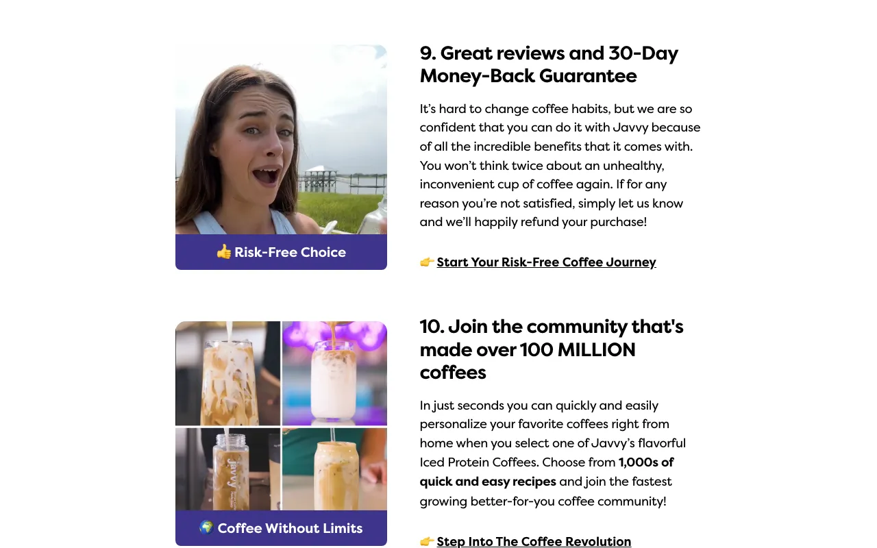 Two Javvy reasons stacked — reason nine, 'Great reviews and 30-Day Money-Back Guarantee,' tagged 'Risk-Free Choice,' and reason ten, 'join the community that's made over 100 million coffees' — proof and risk reversal written in as numbered reasons