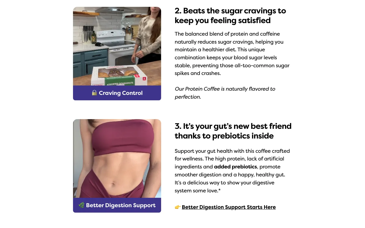 Two Javvy reasons stacked — reason two, 'beats the sugar cravings,' tagged 'Craving Control,' and reason three, 'your gut's new best friend thanks to prebiotics,' tagged 'Better Digestion Support' — each tag printed onto the reason's photo