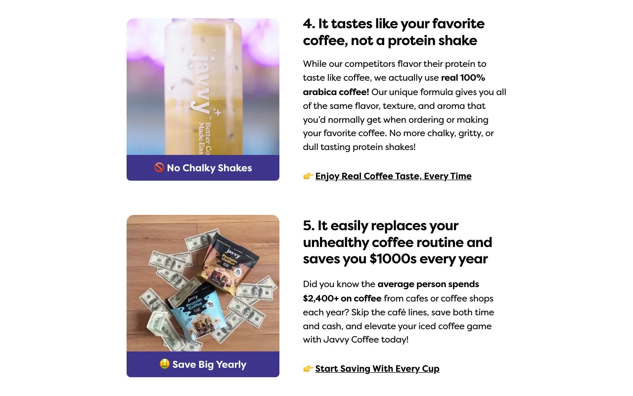 Two of Javvy's numbered reasons — 'It tastes like your favorite coffee, not a protein shake' and 'It easily replaces your unhealthy coffee routine and saves you $1000s every year' — each with a product photo, a bold outcome headline, supporting copy, and a CTA