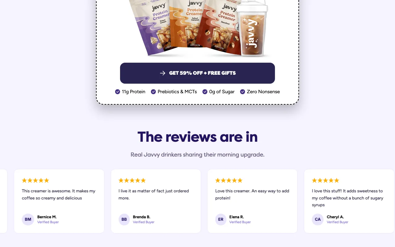 Javvy's on-page review section — a heading 'The reviews are in' over a row of five-star testimonial cards from named 'Verified Buyer' customers praising the creamer, sitting just below the offer block
