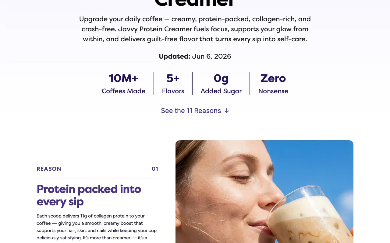 The creamer page above the fold — the headline and subhead, then a quick-stats USP bar with four stats ('10M+ Coffees Made,' '5+ Flavors,' '0g Added Sugar,' 'Zero Nonsense'), then the first reason