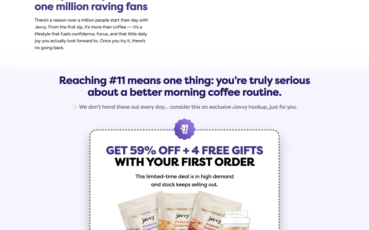 The bottom of a Javvy listicle where reason #11 is revealed — 'Reaching #11 means one thing: you're truly serious about a better morning coffee routine,' followed by the offer reveal 'Get 59% off + 4 free gifts with your first order'