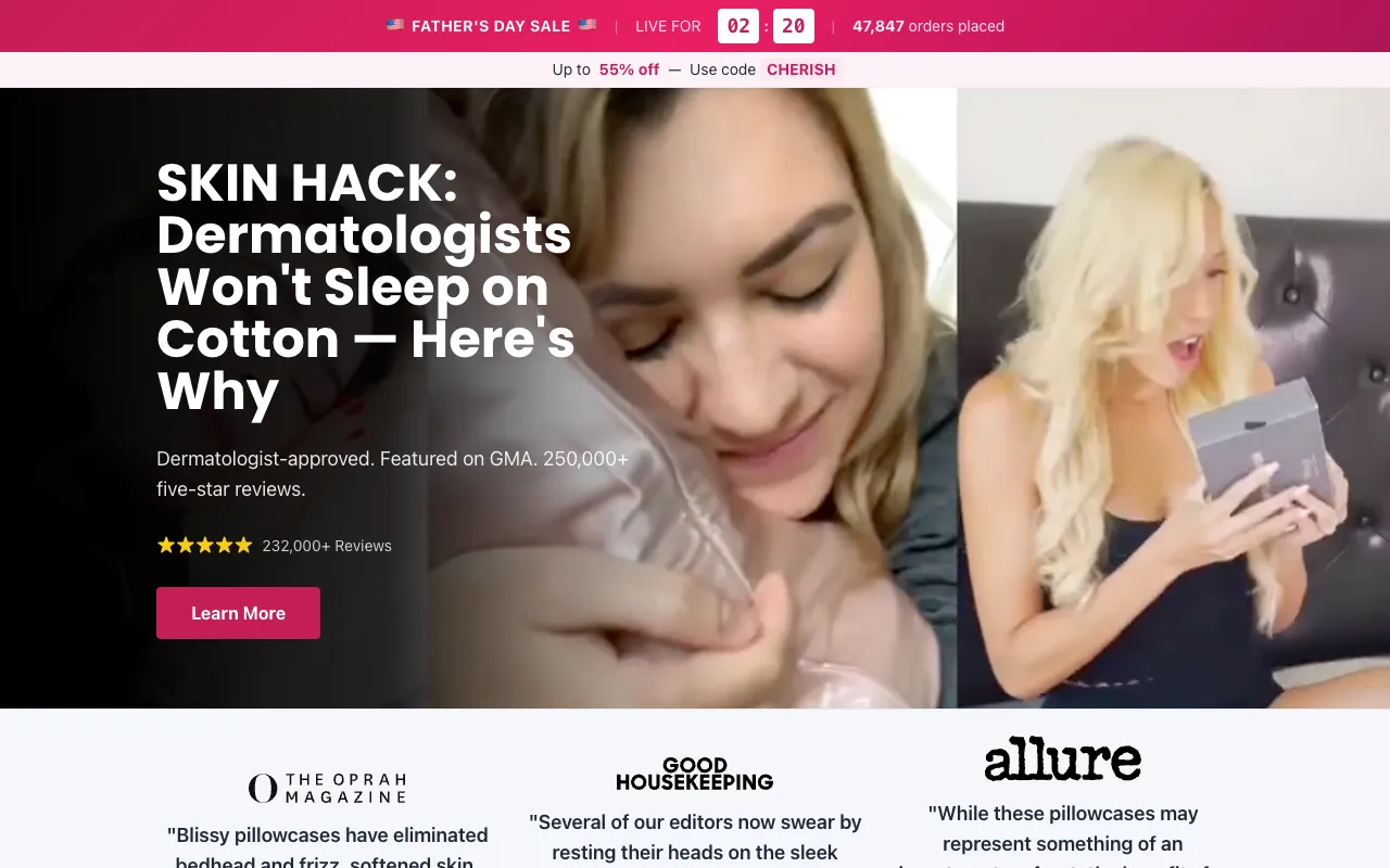 Blissy's listicle landing page, opening on a 'Dermatologists Won't Sleep on Cotton' hook above a row of press logos and a 232,000-plus five-star-review claim