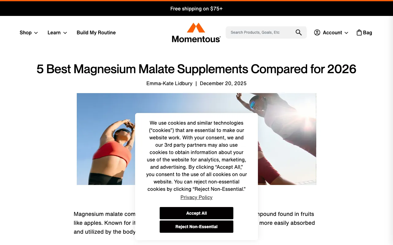 Momentous's page headlined '5 Best Magnesium Malate Supplements Compared for 2026' with a byline and date, a brand-owned comparison published on the company's own blog