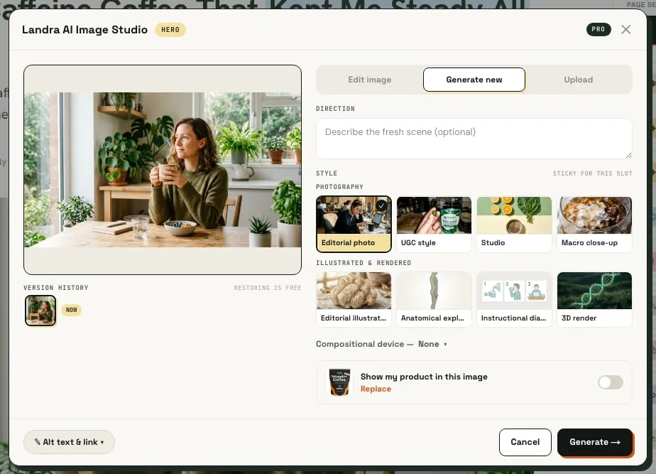 The Landra AI Image Studio generating a new image, with a catalog of image styles to pick from