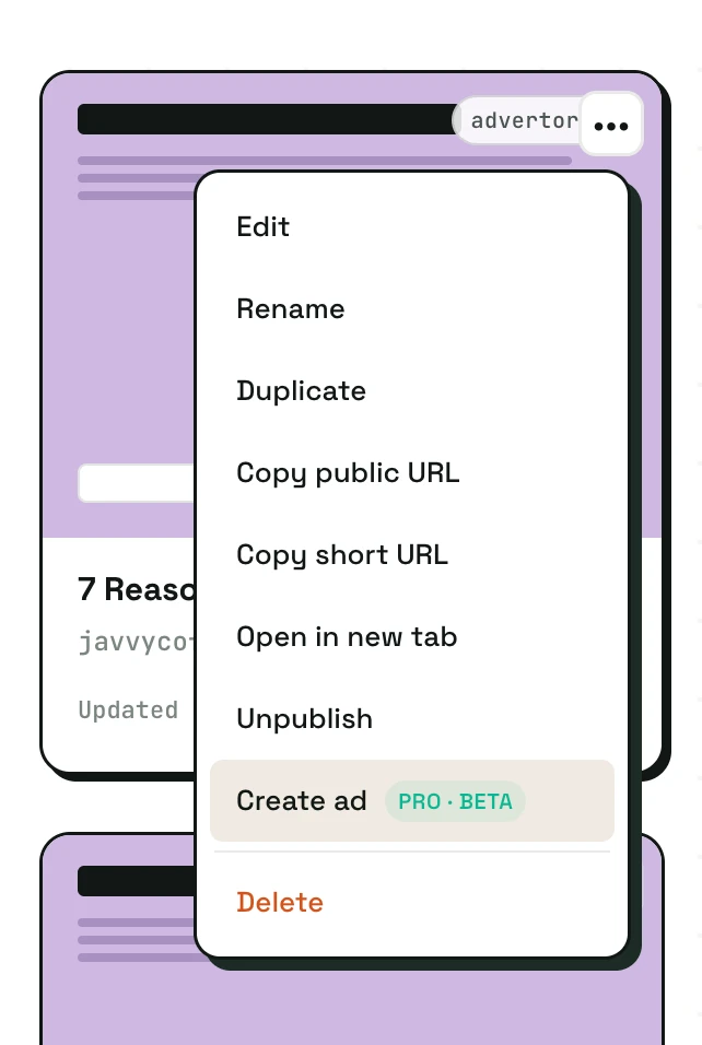 A page's '…' overflow menu in the dashboard, listing Edit, Rename, Duplicate, Copy URL, Unpublish, and a highlighted 'Create ad' option tagged Pro · Beta