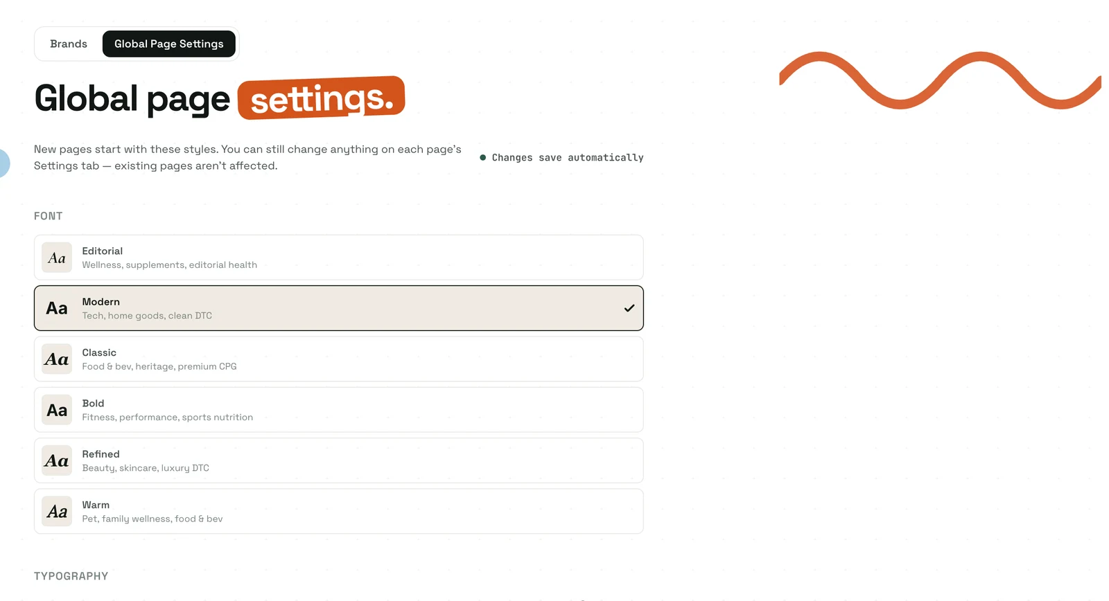 The Global Page Settings editor showing font-style presets (Editorial, Modern, Classic, Bold, Refined, Warm) with a note that new pages start with these styles and existing pages aren't affected