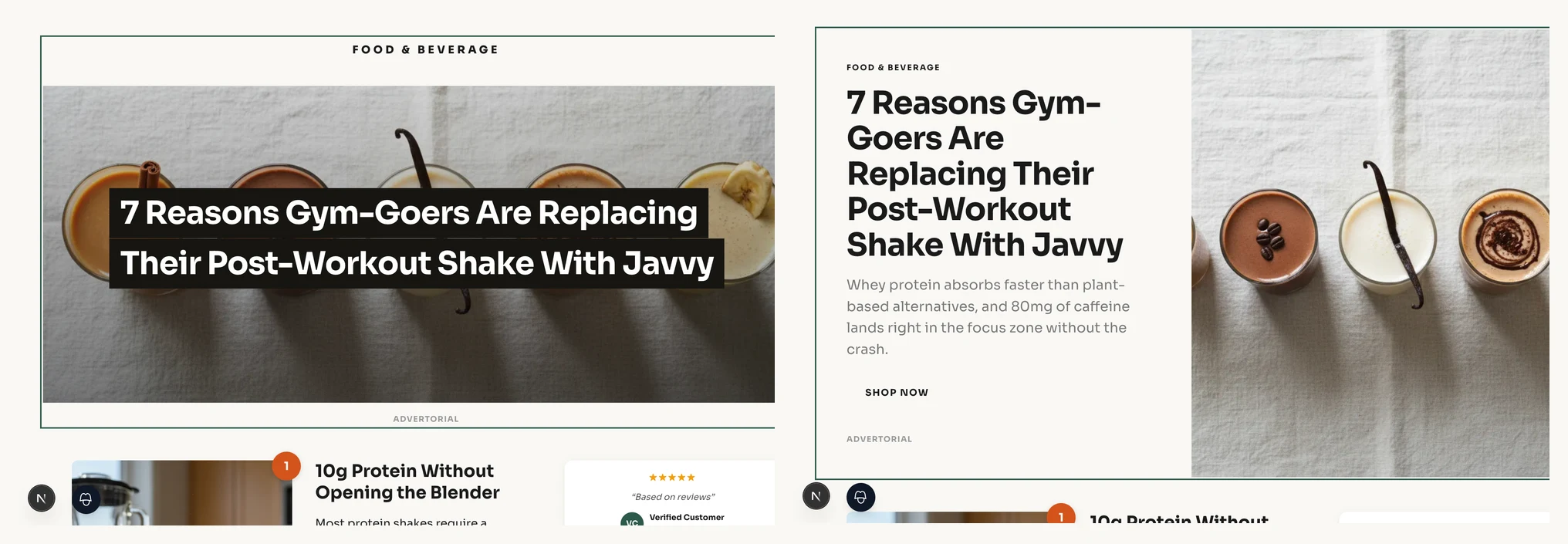 Two bolder header treatments side by side — Overlay, with a boxed headline set over a full-bleed hero photo, and Split, with the headline and a Shop Now button beside a product photo