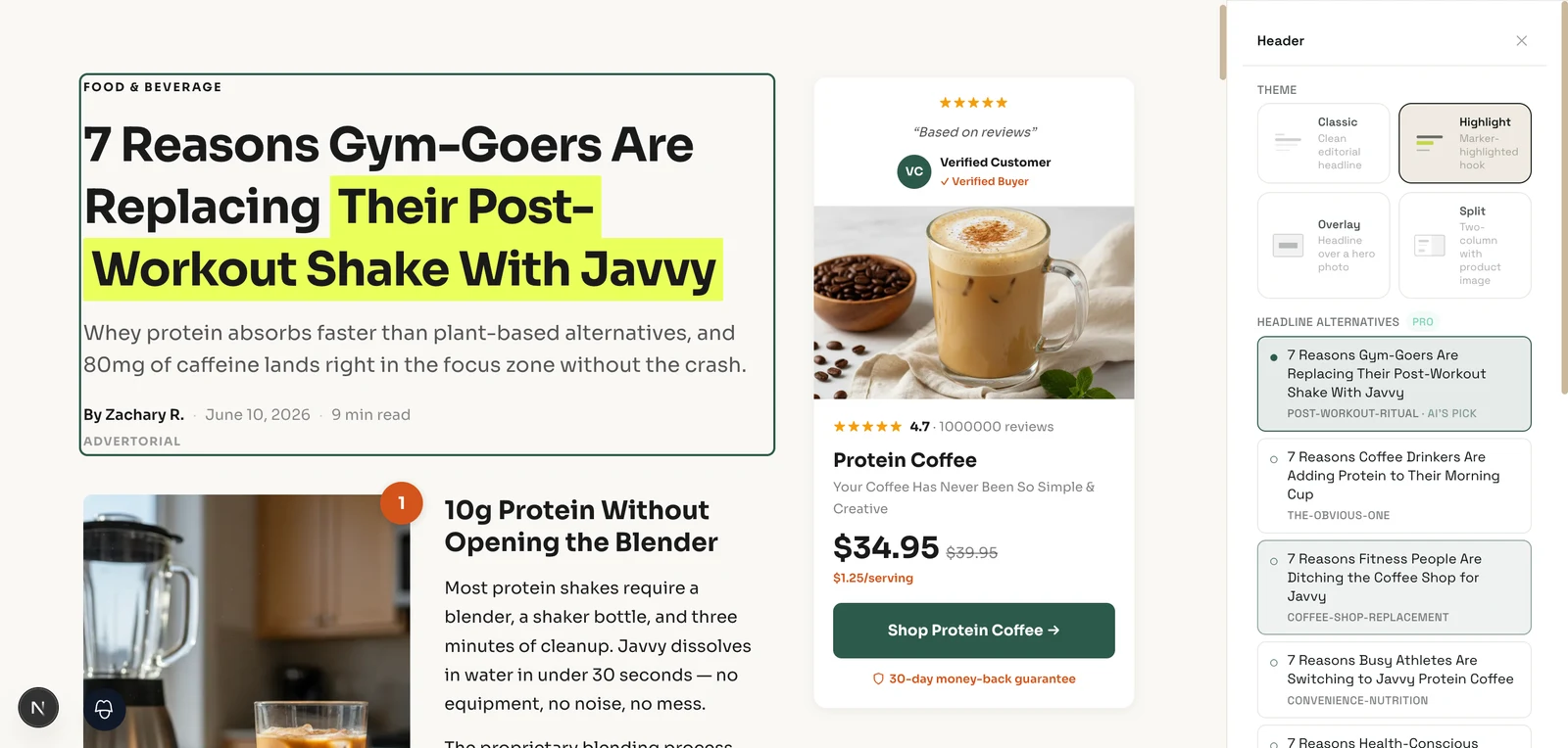 The editor with the Highlight header theme applied — a yellow marker on the headline's hook phrase and a real byline — beside the Header panel showing the four theme cards (Classic, Highlight, Overlay, Split) and Pro headline alternatives