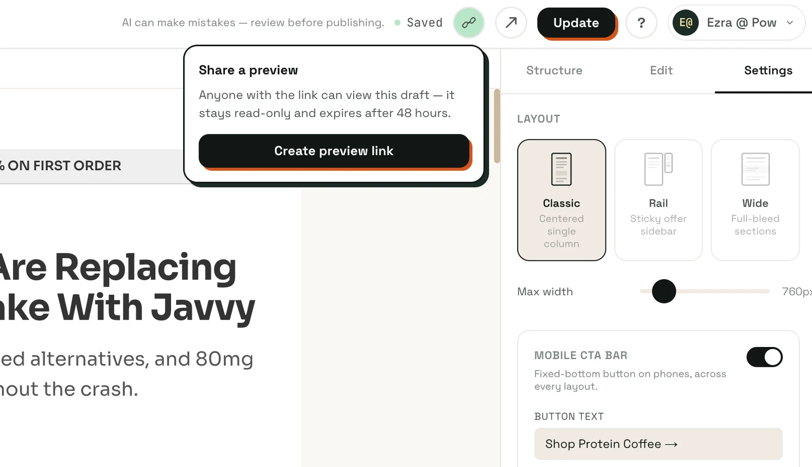 The 'Share a preview' popover in the editor topbar, explaining that anyone with the link can view the read-only draft and that it expires after 48 hours, with a Create preview link button