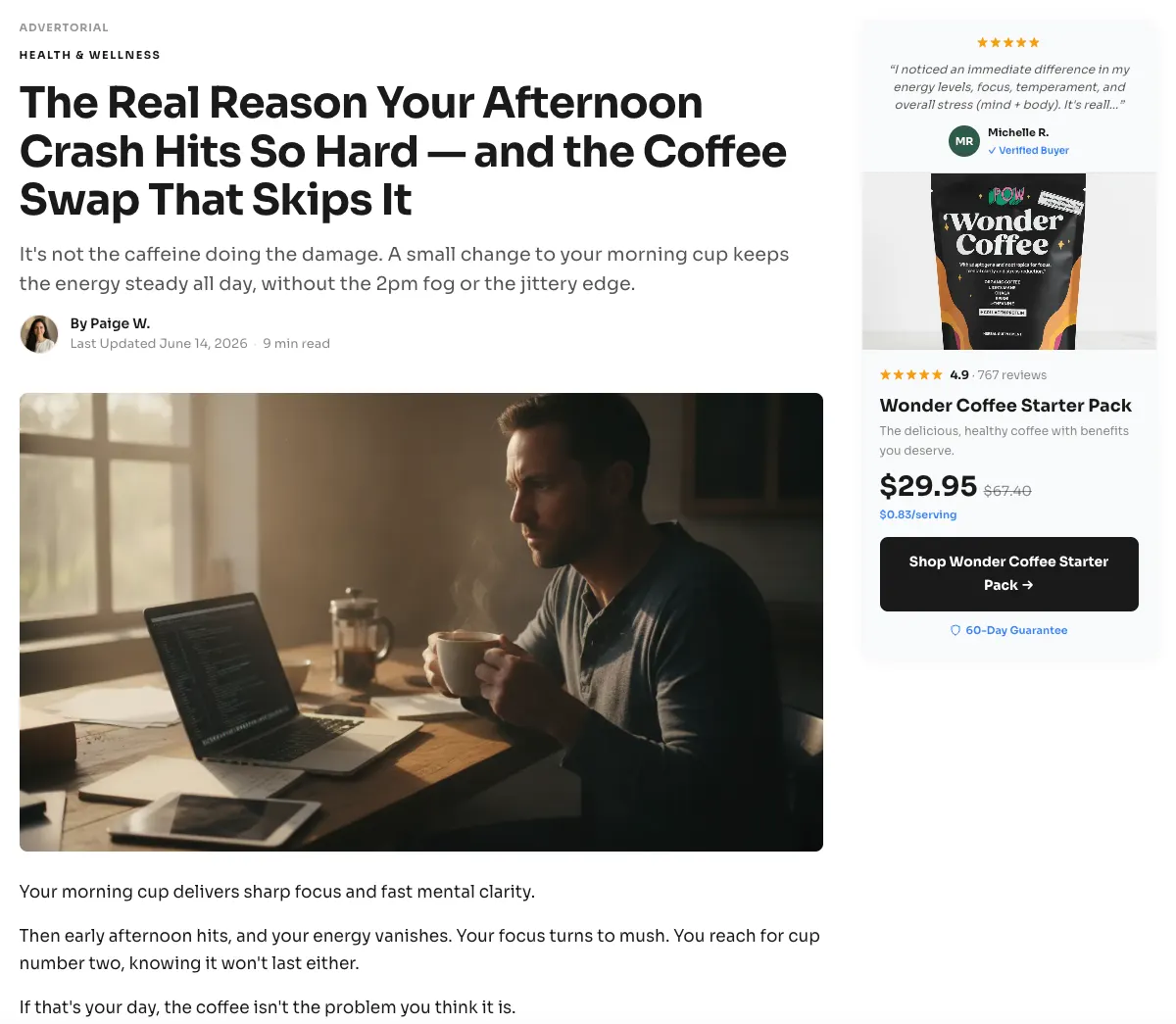 Example advertorial landing page built with Landra — “The Real Reason Your Afternoon Crash Hits So Hard”