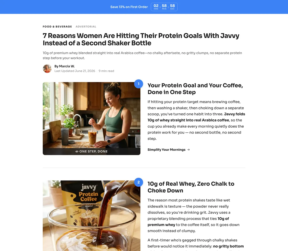 Example listicle landing page built with Landra — “7 Reasons Women Are Hitting Their Protein Goals With Javvy Instead of a Second Shaker Bottle”