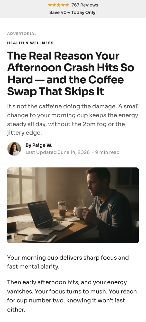 Landra advertorial page on a phone — “The Real Reason Your Afternoon Crash Hits…”