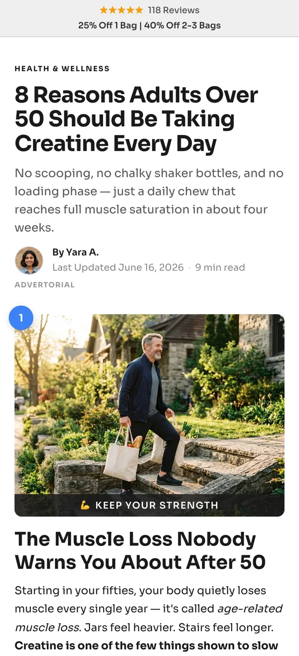 Landra listicle page on a phone — “8 Reasons Adults Over 50 Should Be Taking…”