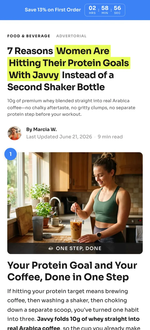 Landra listicle page on a phone — “7 Reasons Women Are Hitting Their Protein Goals…”
