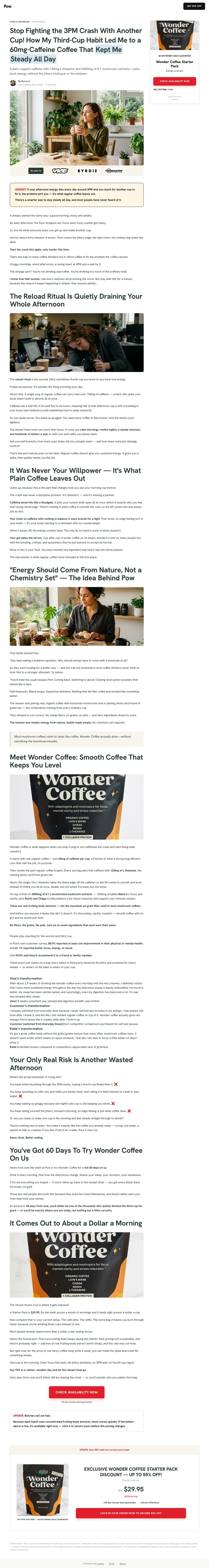 Top of Wonder Coffee's landing page