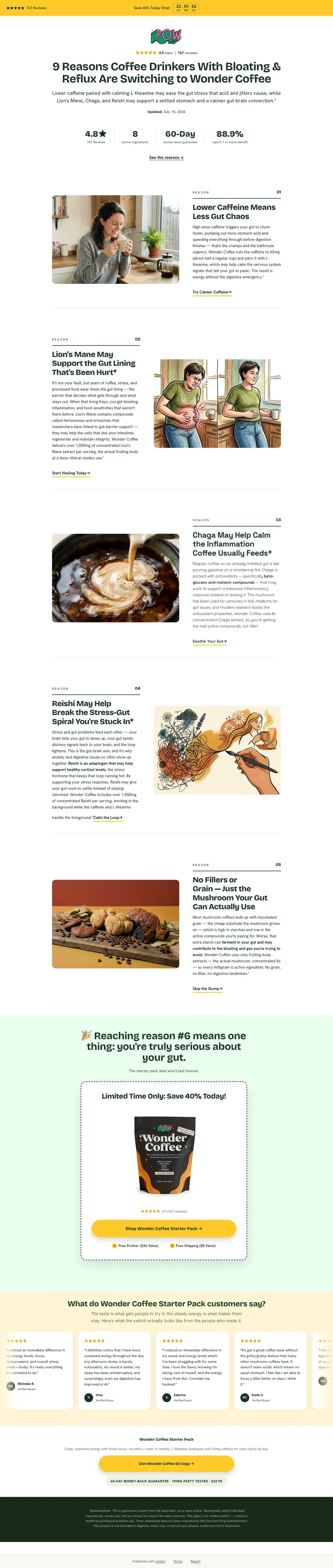 Top of Wonder Coffee's landing page