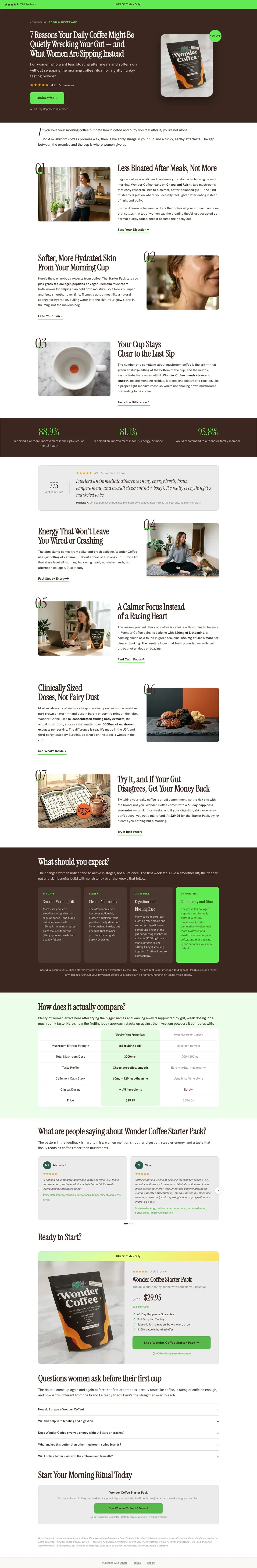 Top of Wonder Coffee's landing page