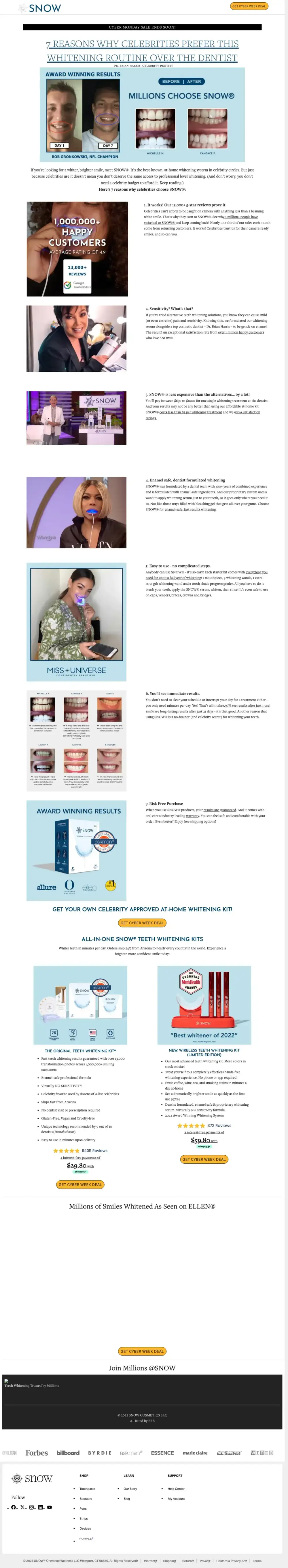 Top of Snow's landing page