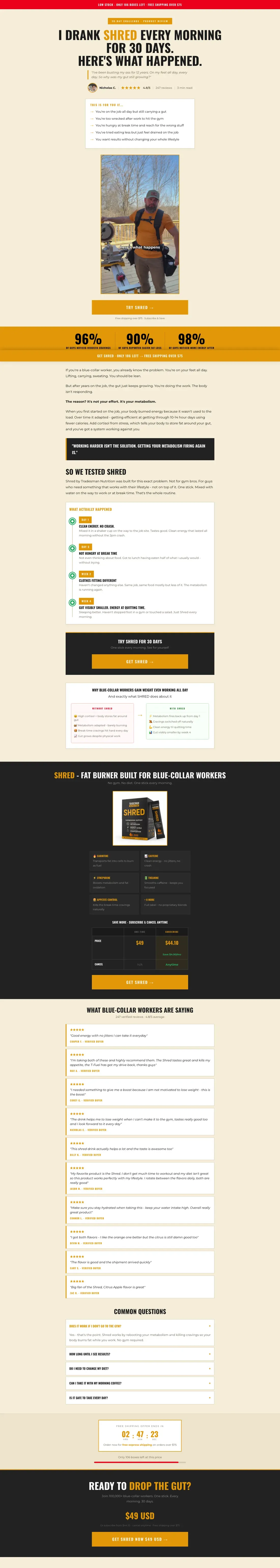 Top of Tradesman Nutrition's landing page